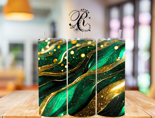 Tumbler. Green, Black and Gold Marbled