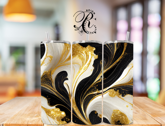 Tumbler. White, Black and Gold Marbled