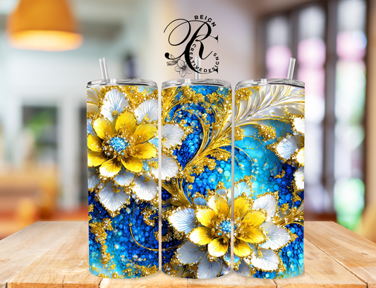 Tumbler. Dazzling Yellow, Blue and White Gold Flower